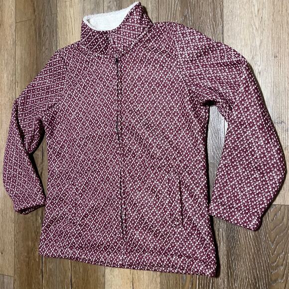 LL Bean Diamond Jacquard Anorak Full Zip Fleece Jacket Lg Red Hiking Fall 296574 - Picture 2 of 7